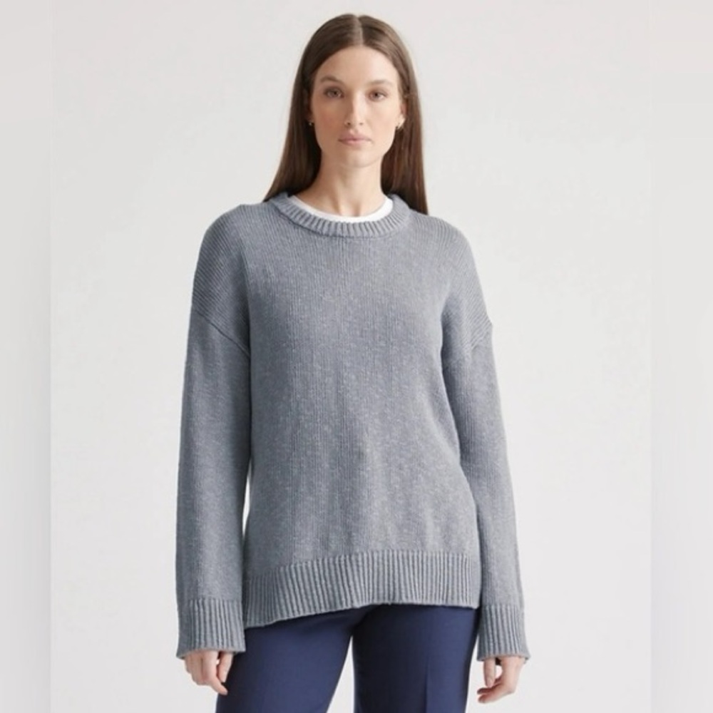 Quince Cotton Linen Oversized Crew Sweater Dusty Blue Gray Size Medium Like New